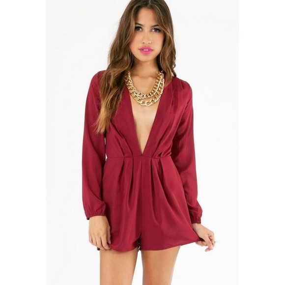 Tobi Pants - Tobi Plunging Neck Long Sleeve Romper Burgundy Red Small